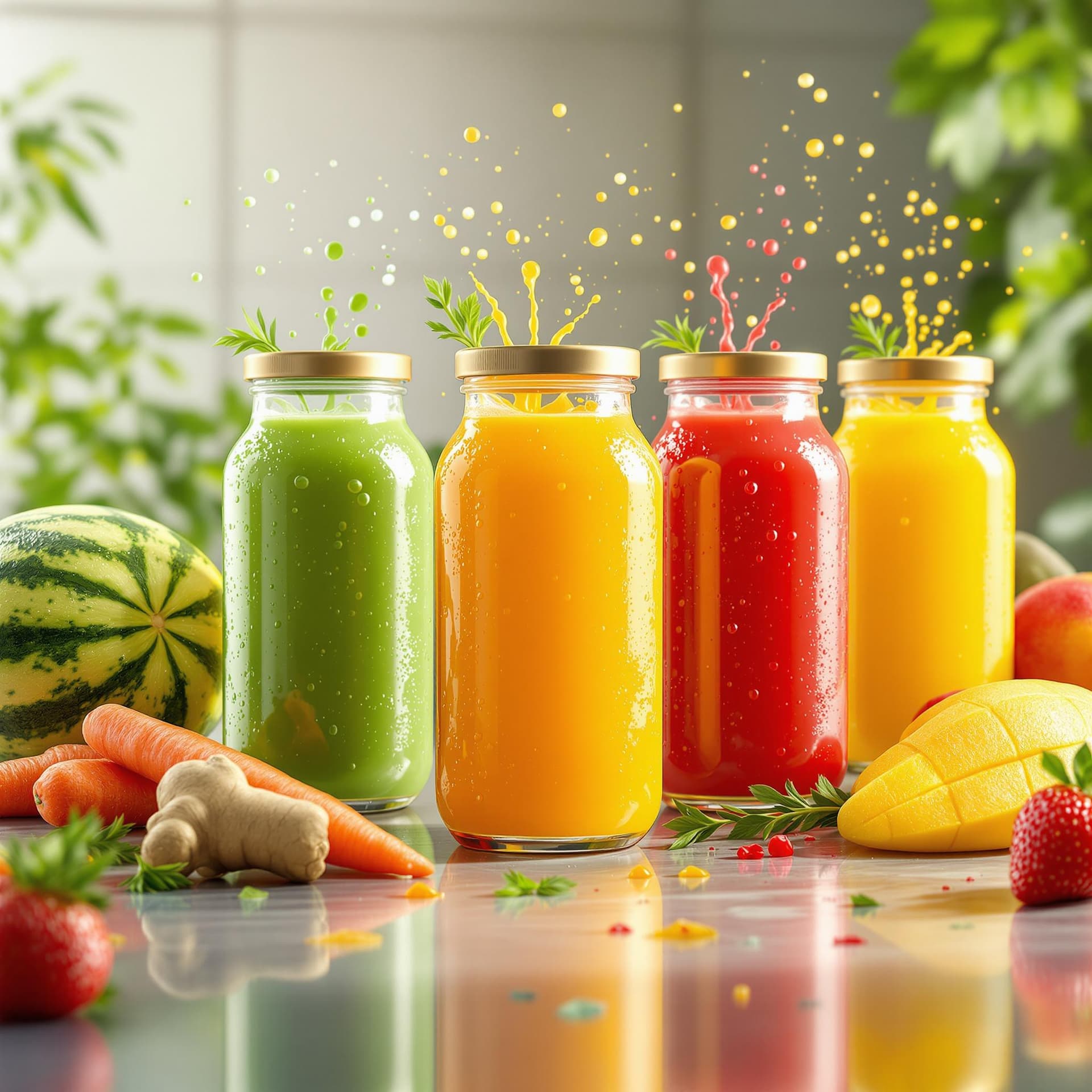 AI generated: 8oz juice jars with different color juices as green, orange, red, yellow, with fruits in front of th...