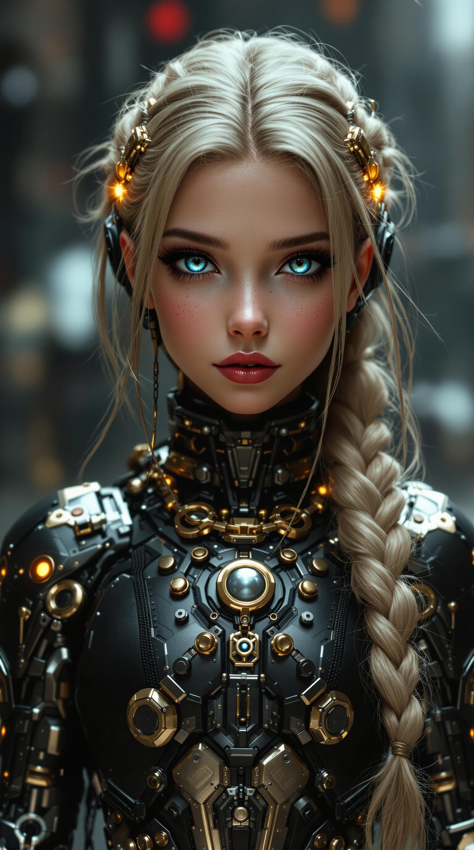 AI generated: djrny-v4 style, a professional photo realistic photo, of the most beautiful steampunk android girl (...