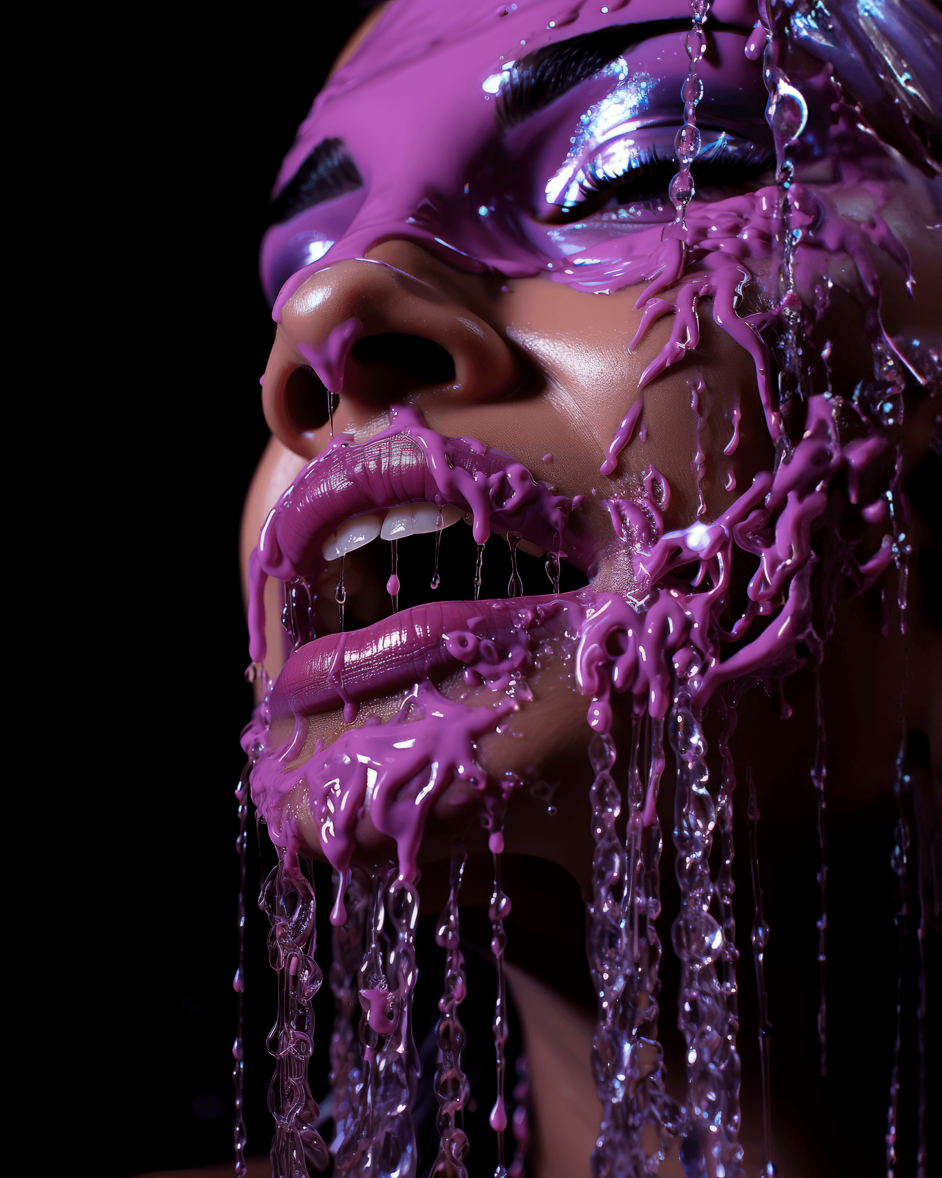 AI generated: a woman is being pulled in her mouth by silverplated piercings, in the style of hyper-realistic wate...