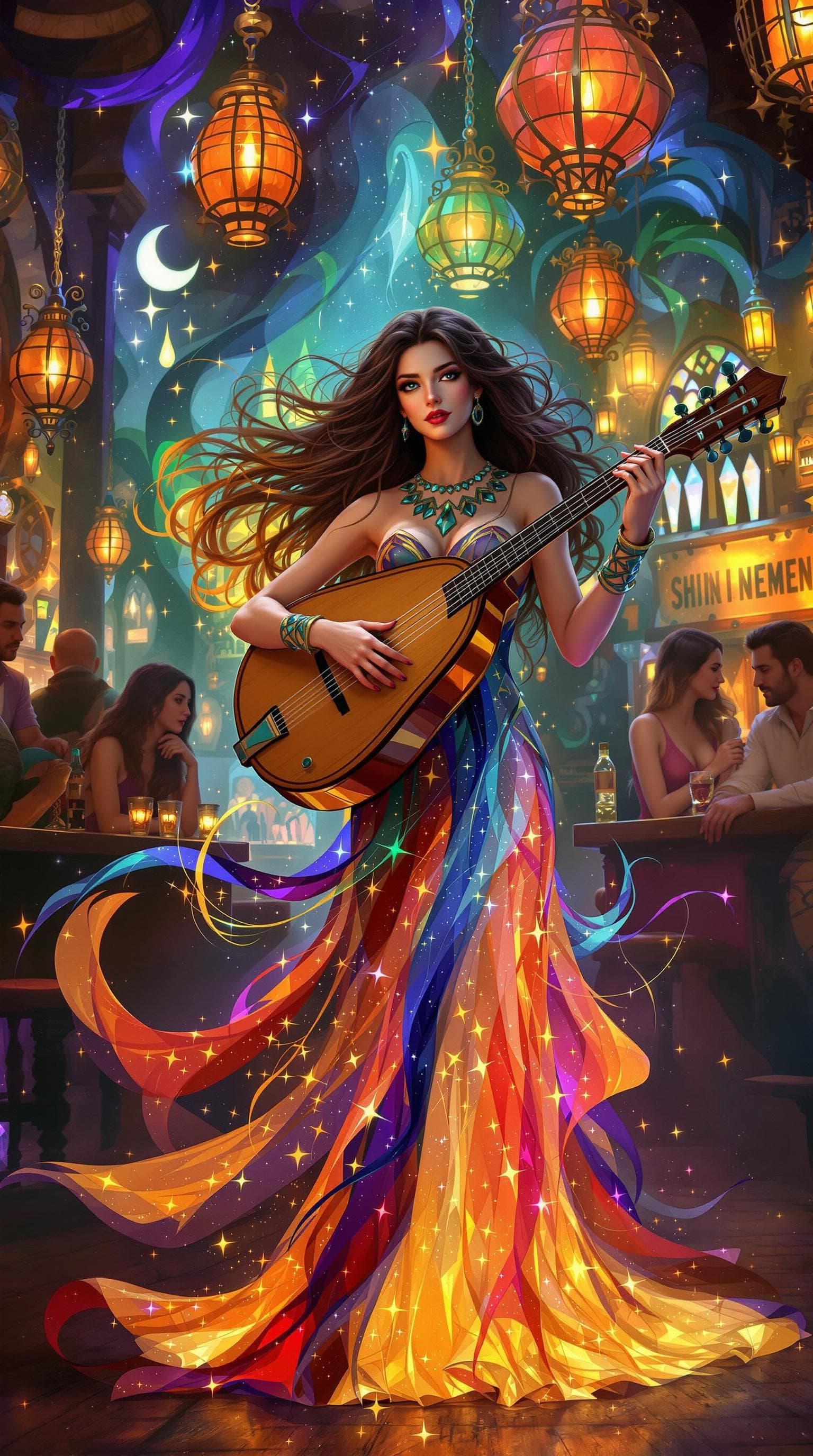 AI generated: A charismatic, vibrant bard, with long hair that flows like liquid ink and a dress that shimmers and...