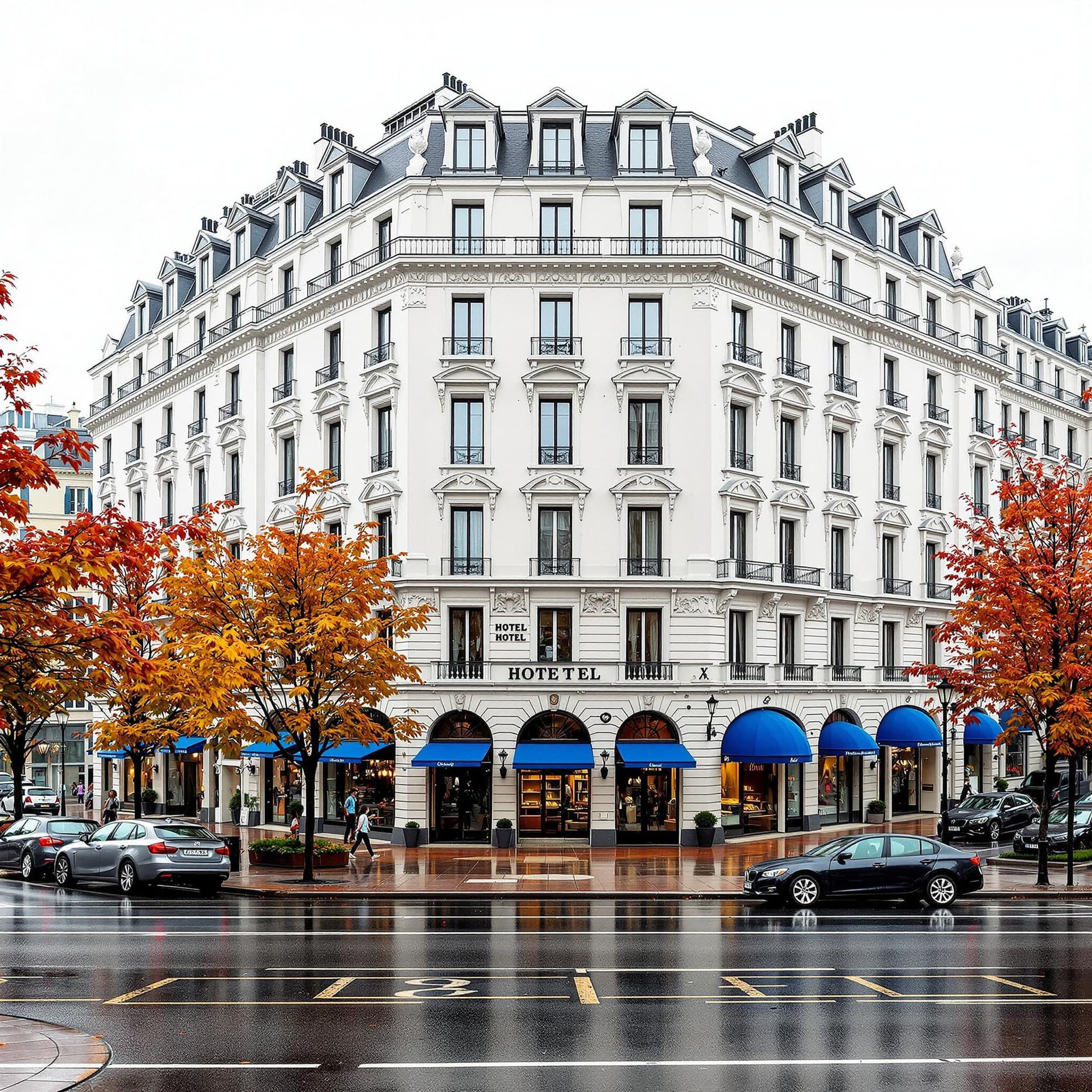 AI generated: Grand European hotel facade on a rainy autumn day.  Classic architectural style,  white stucco build...