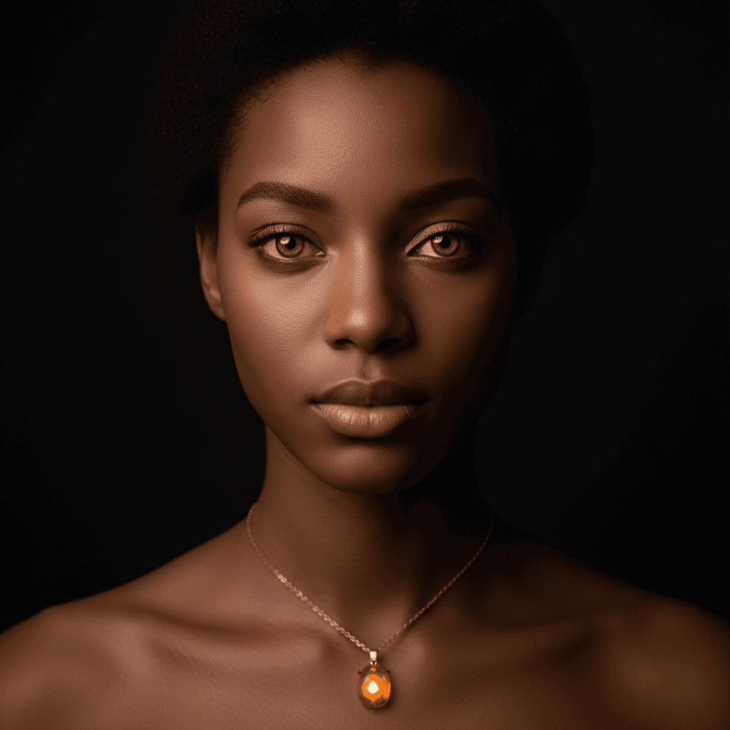 AI generated: editorial photography, front shot, upper-body, 18 years old African American girl model, small glowi...