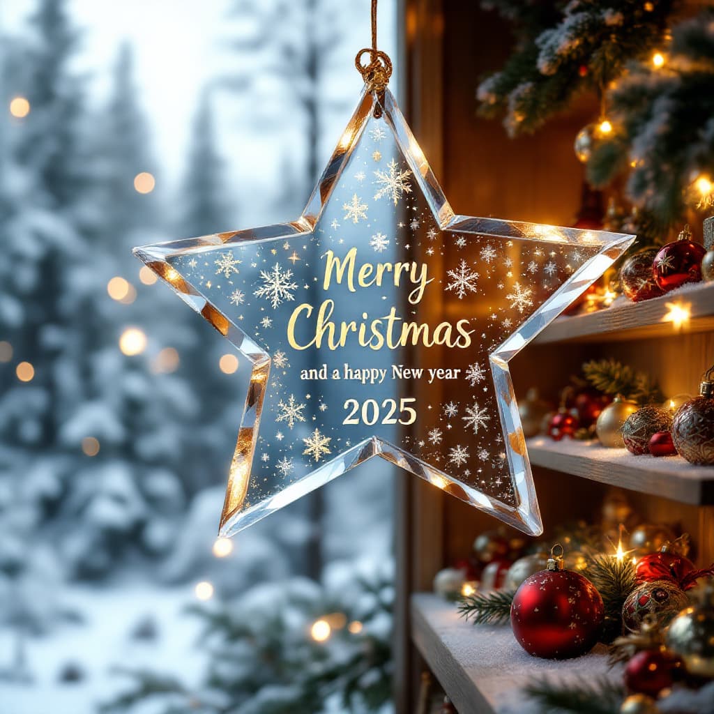 AI generated: High resolution hanging crystal star with beautiful snowflakes and the name "Merry Christmas and a H...