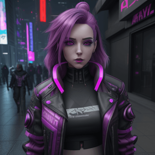 AI generated: Pretty female android with colored magenta eyes, magenta hair, wearing a black jacket, cyberpunk, ou...