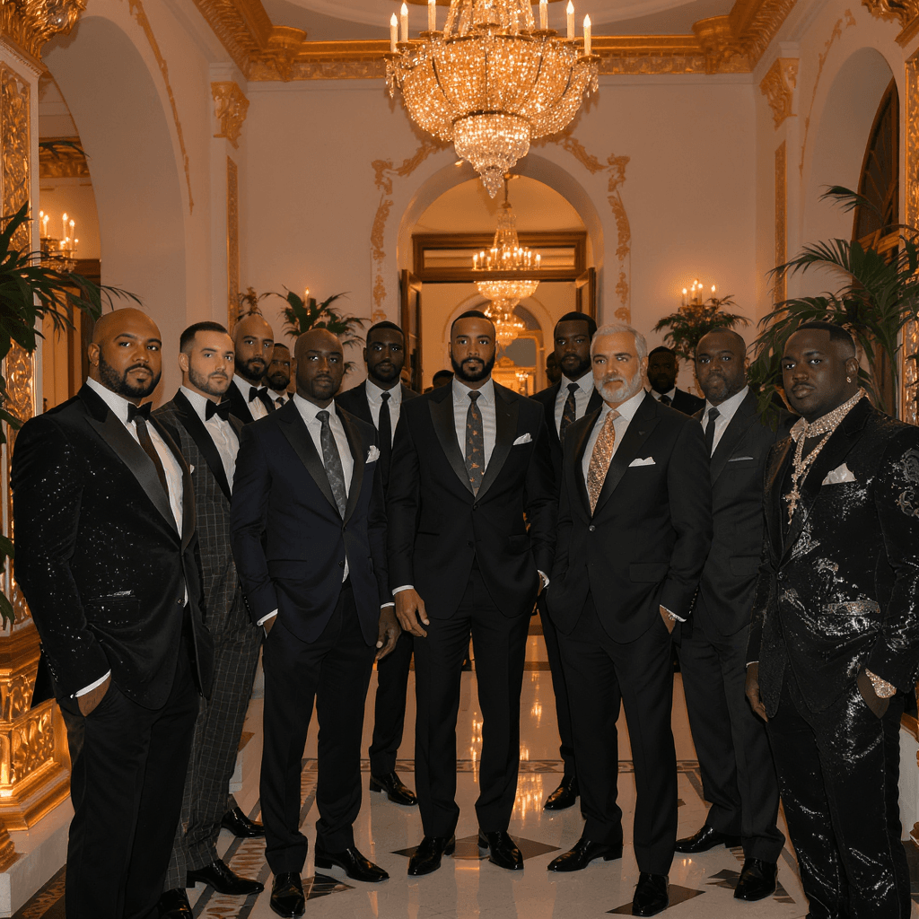 AI generated: A DIVERSE GROUP OF MEN DRESSED IN HIGH END DESIGNER CLOTHING GATHERED AT THE VERSACE MANSION IN MIAM...