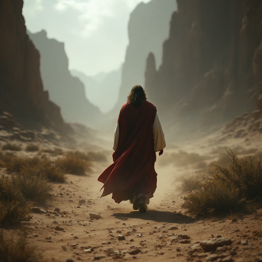 AI generated: Jesus walking in the desert , right side the devil gonna be on the left side walking in the desert. ...
