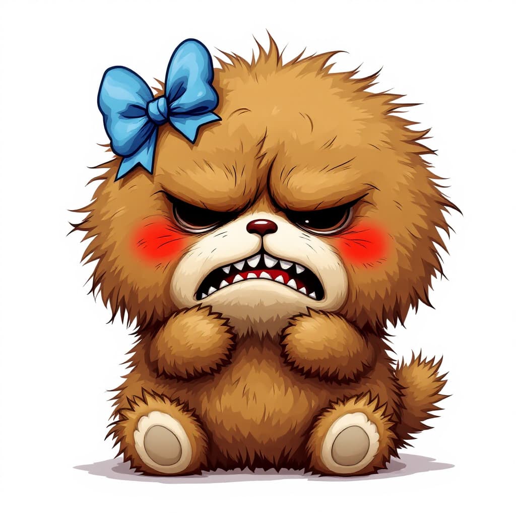 AI generated: very disgust face brown fluffy character wearing a blue bow on white background.