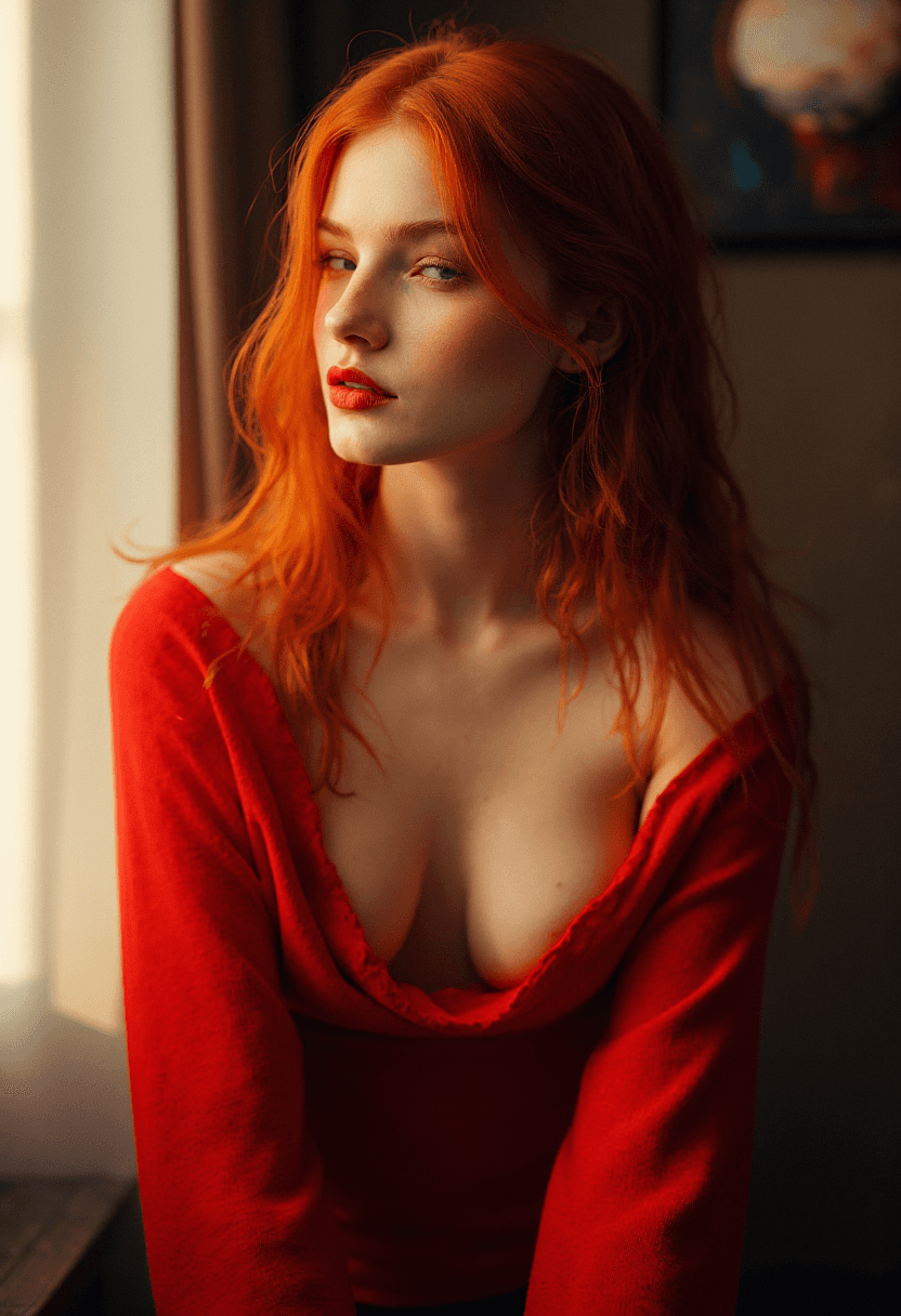 AI generated: A beautiful ginger woman with luscious lips and long, flowing hair leans seductively, her red sweate...