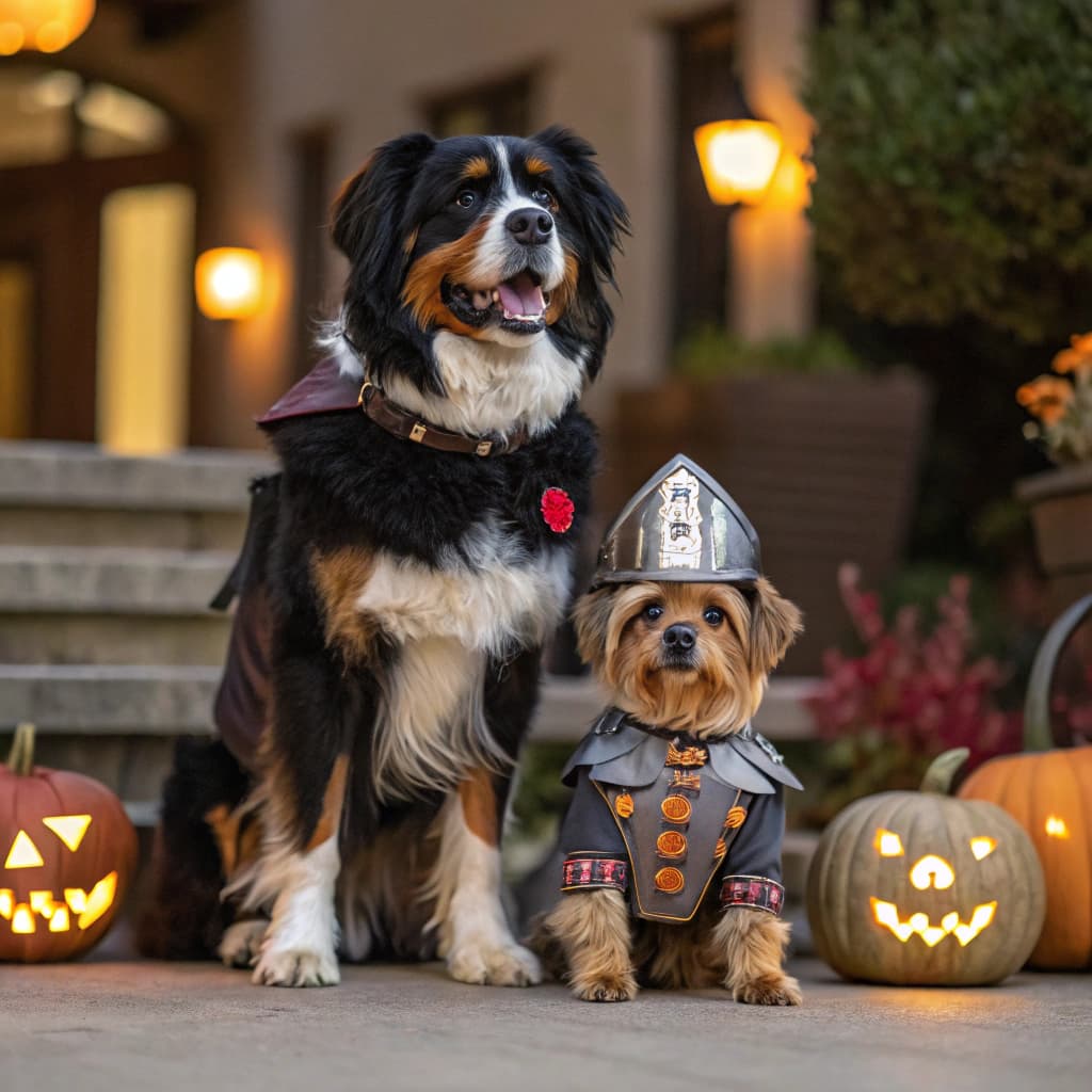 AI generated: Create a highly detailed photograph of a much bigger Bernese Mountain Dog and a Yorkshire terrier dr...