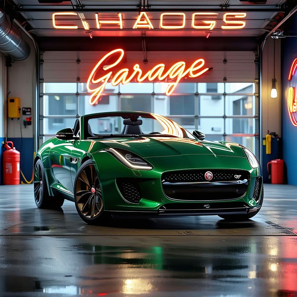 AI generated: General outline of a latest model british racing green jaguar ftype convertible in classic style,  w...