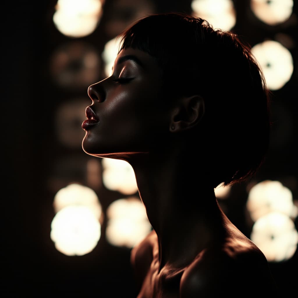 AI generated: color photography, fashion editorial, portrait of a dark shorthaired beautiful naked woman with clos...