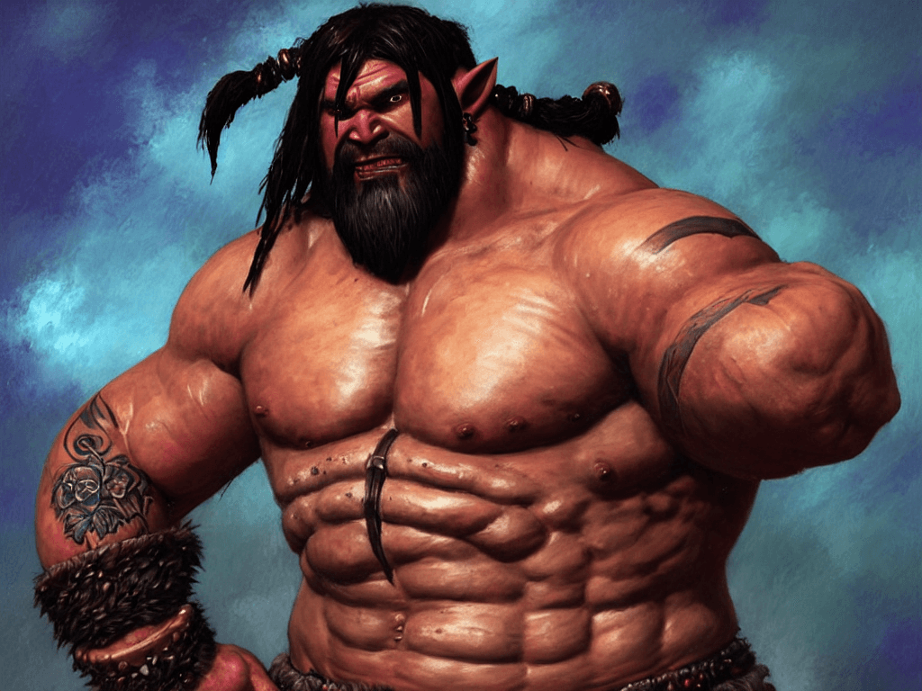 AI generated: tattooed, muscled sweaty shirtless half - orc barbarian champion with a full dark beard, visibly thi...