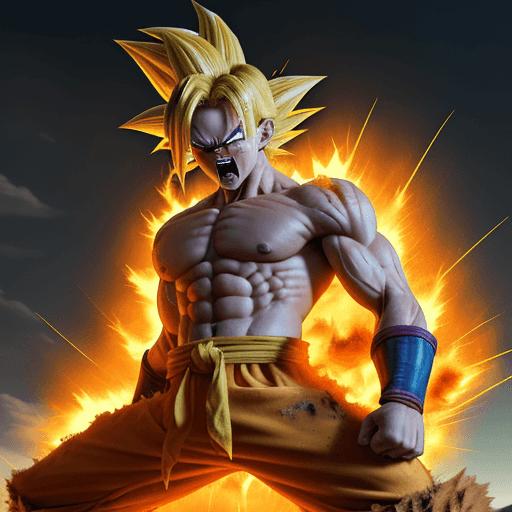 AI generated: Dbz: Goku like character, extra long yellow hair, fighting at war, extrame rage, berserk, screaming,...