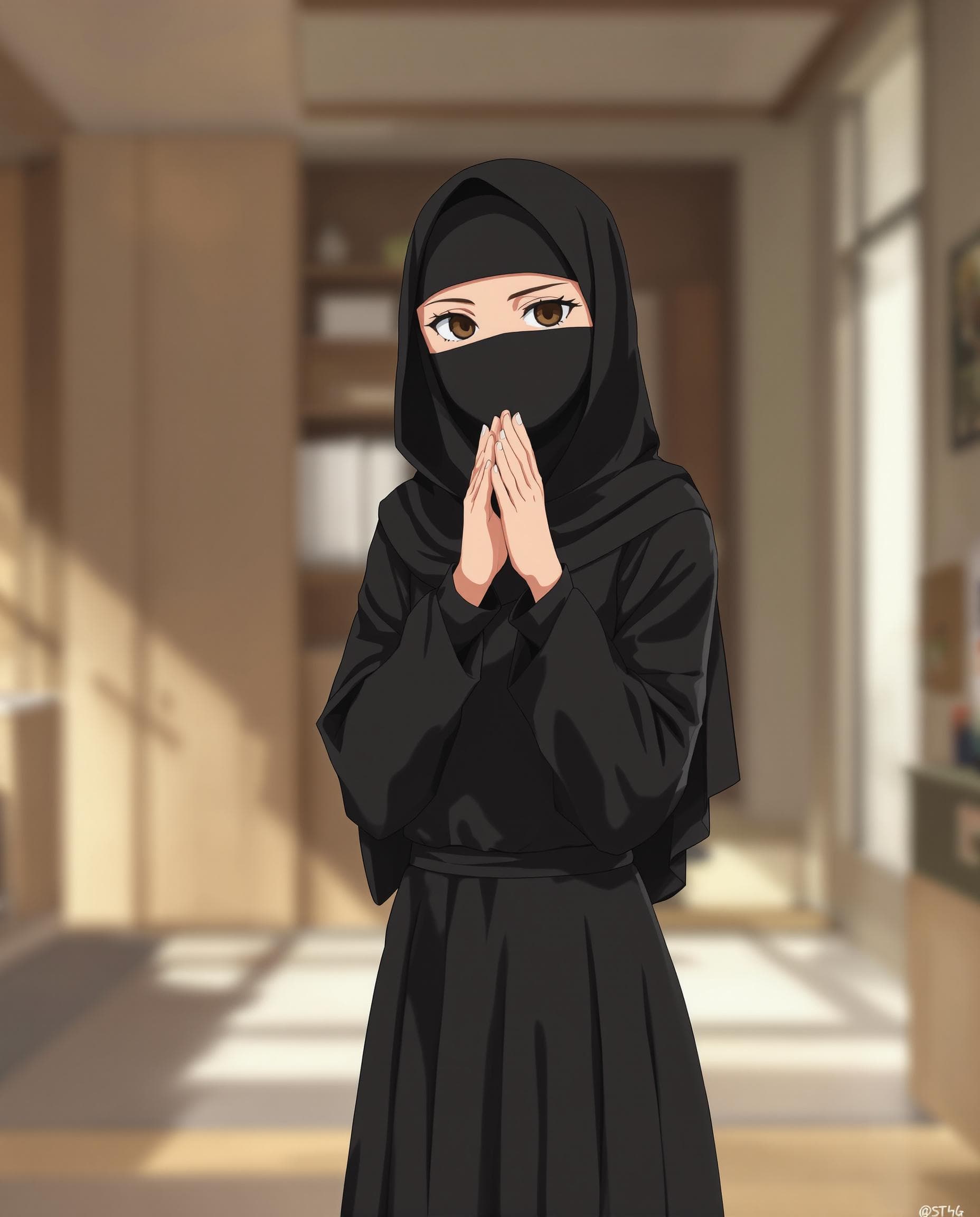 AI generated: anime of a girl, wearing a black hijab with the covering face like a Arabian woman in black clothes,...