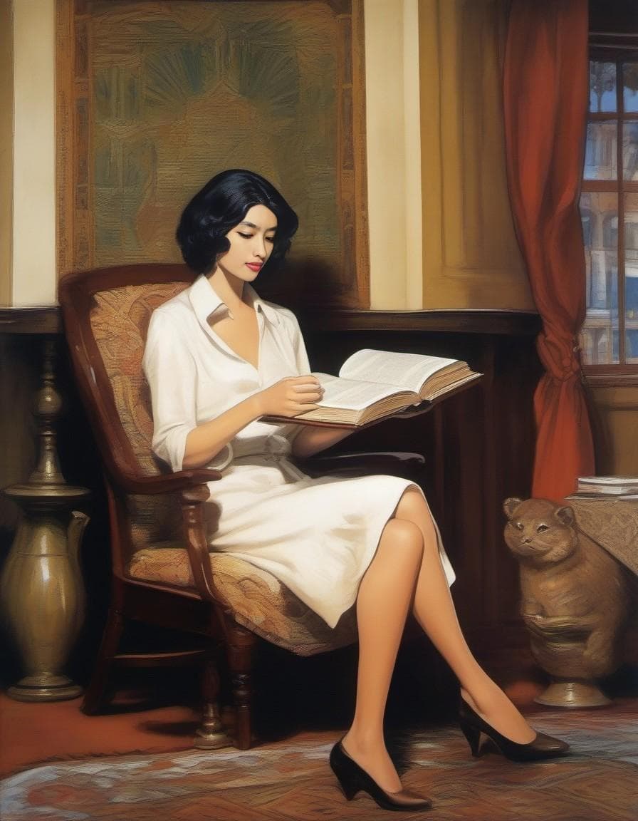 AI generated: a painting of a woman sitting on a chair reading a book, milo manara style, milo manara, milo manara...