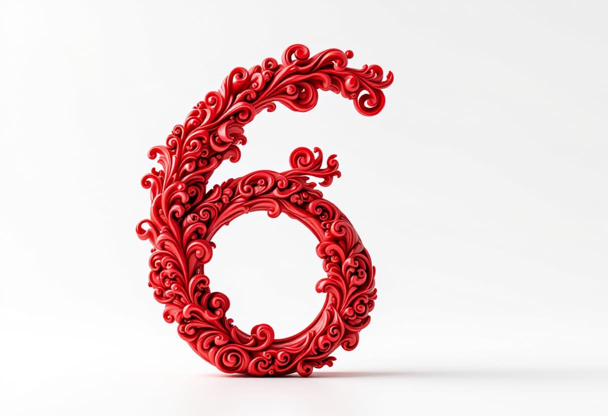 AI generated: the figurine of the number 6 is red in color with curls and a convex pattern of a demon’s face, it l...
