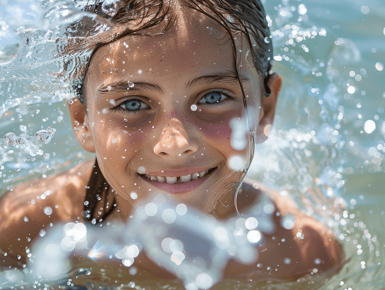 AI generated: a beautiful young girl 25-30 emerging from the water in the Adriatic Sea on a bright sunny day, the ...