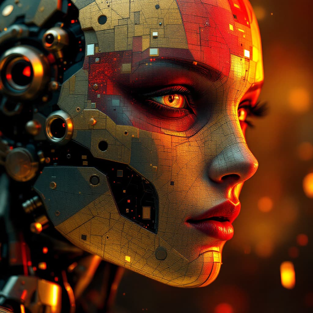 AI generated: robot & men 2 beta 1 3 3 0, in the style of illusory wallpaper portraits, colorful realism, modular,...