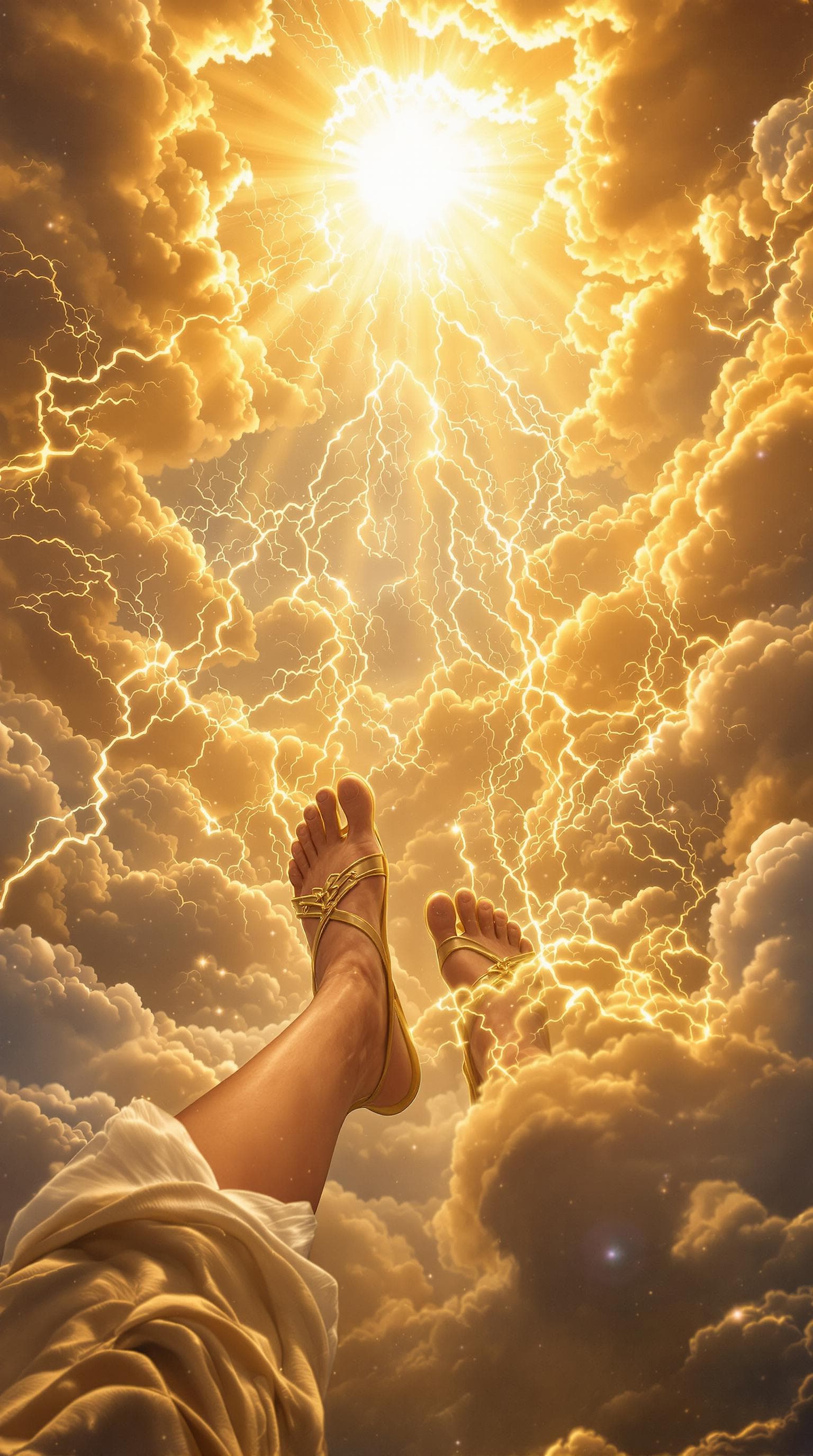 AI generated: first person POV, golden sandaled feet rising through glowing clouds, ancient Greek robes flowing, d...
