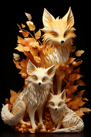 AI generated: Three mischievous foxes have a feather at the top of a golden field, in the style of Brian Froud, pl...