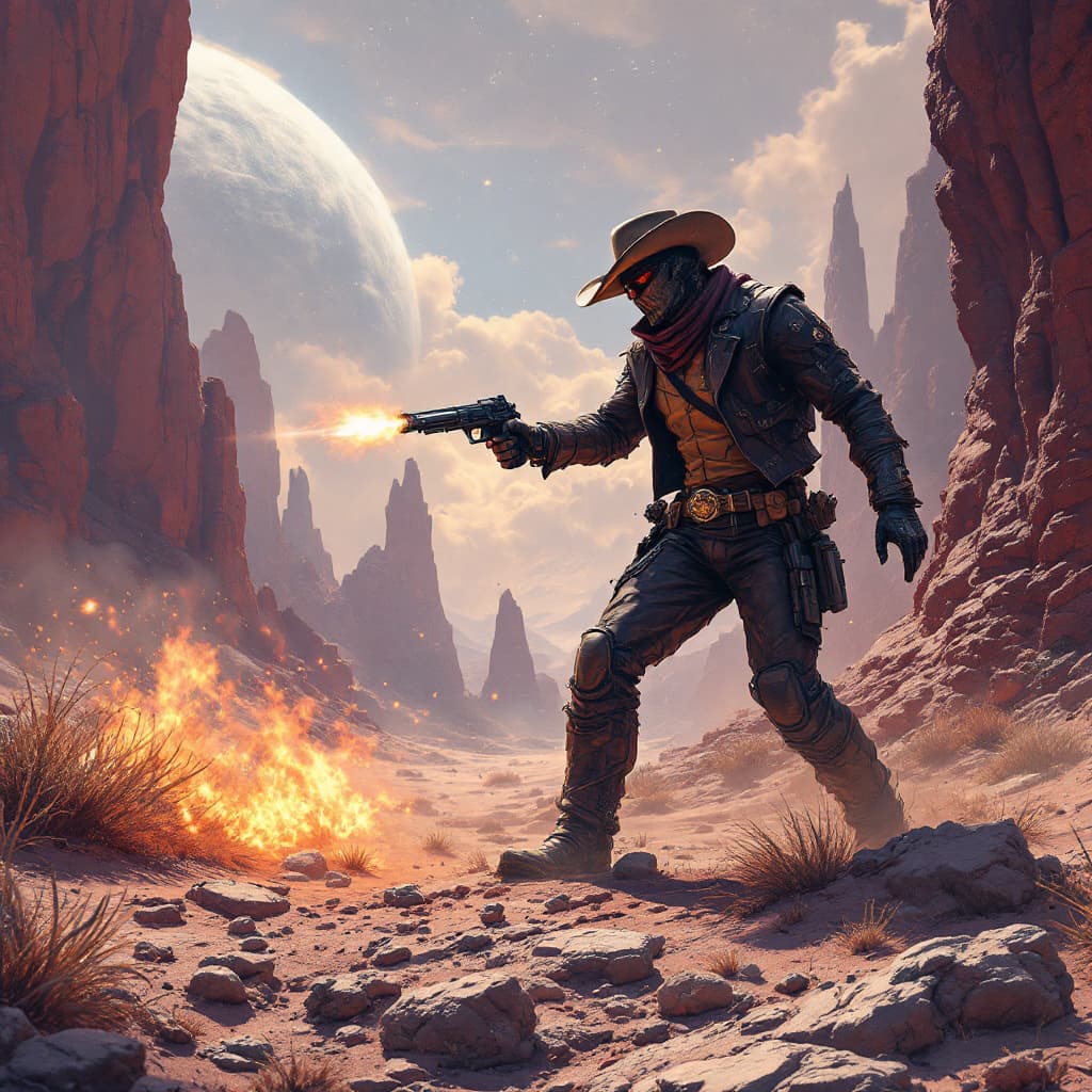 AI generated: a bad guy  cowboy getting shot on an alien planet