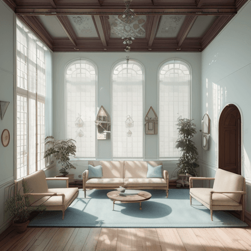 AI generated: High resolution photography interior design, dreamy sunken living room conversation pit, wooden floo...