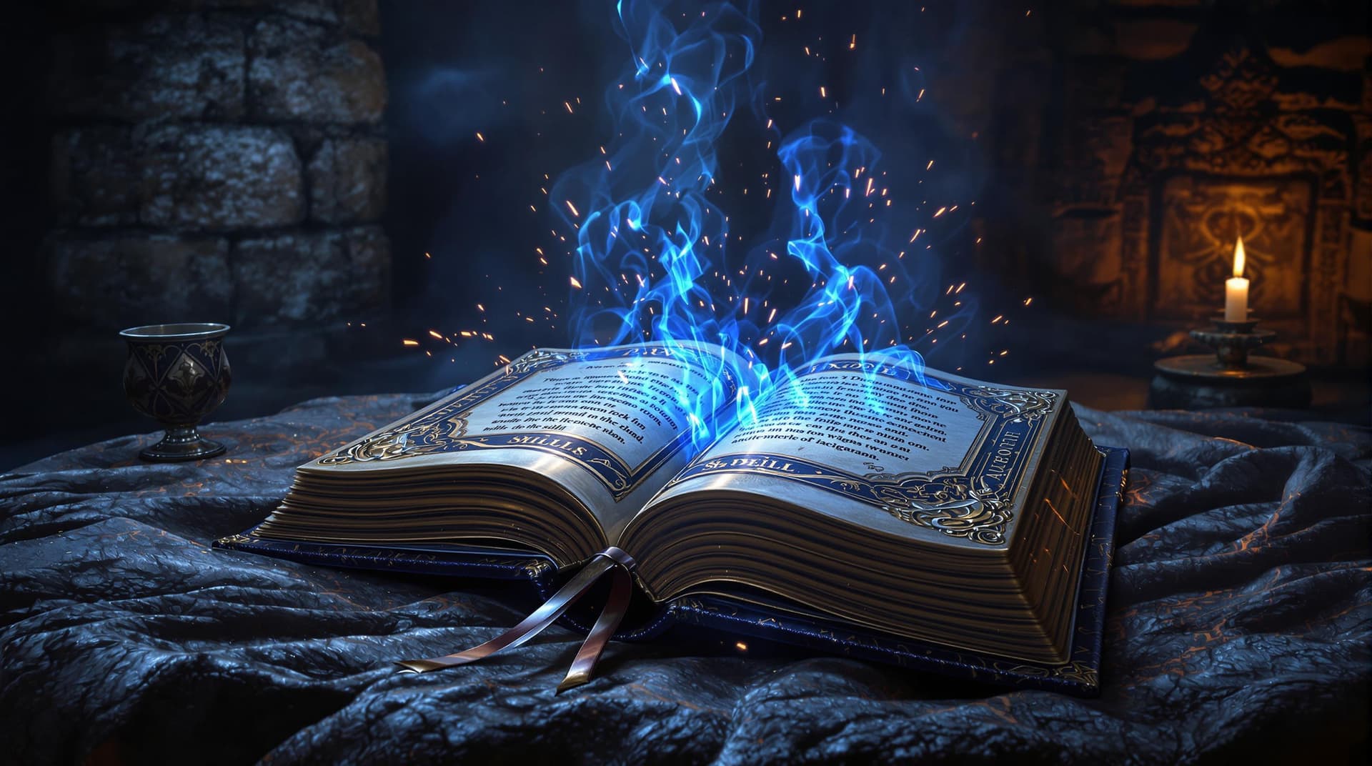 AI generated: magic spell book sitting on a table in the catacombs, a magician surrounded by sparks and blue mist ...
