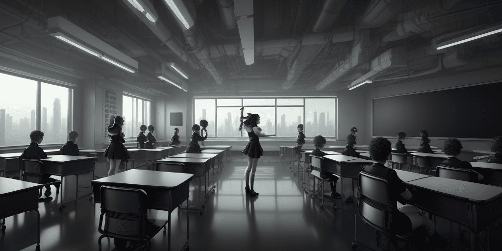 AI generated: A panoramic view of a cyberpunk and future style classroom, gorgeous teacher is teaching innovation ...