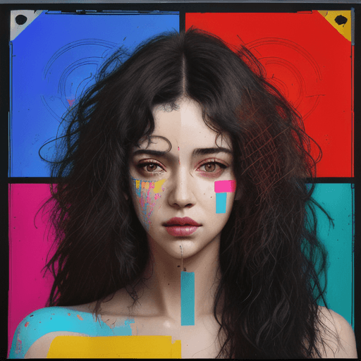 AI generated: female face with curly thick hair, geometric abstract portrait, bright vibrant colorful, gritty, cyb...