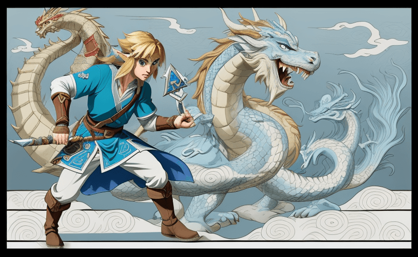 AI generated: Link from legend of Zelda, Hylian warrior with dark blonde hair, wearing a blue tunic and brown leat...