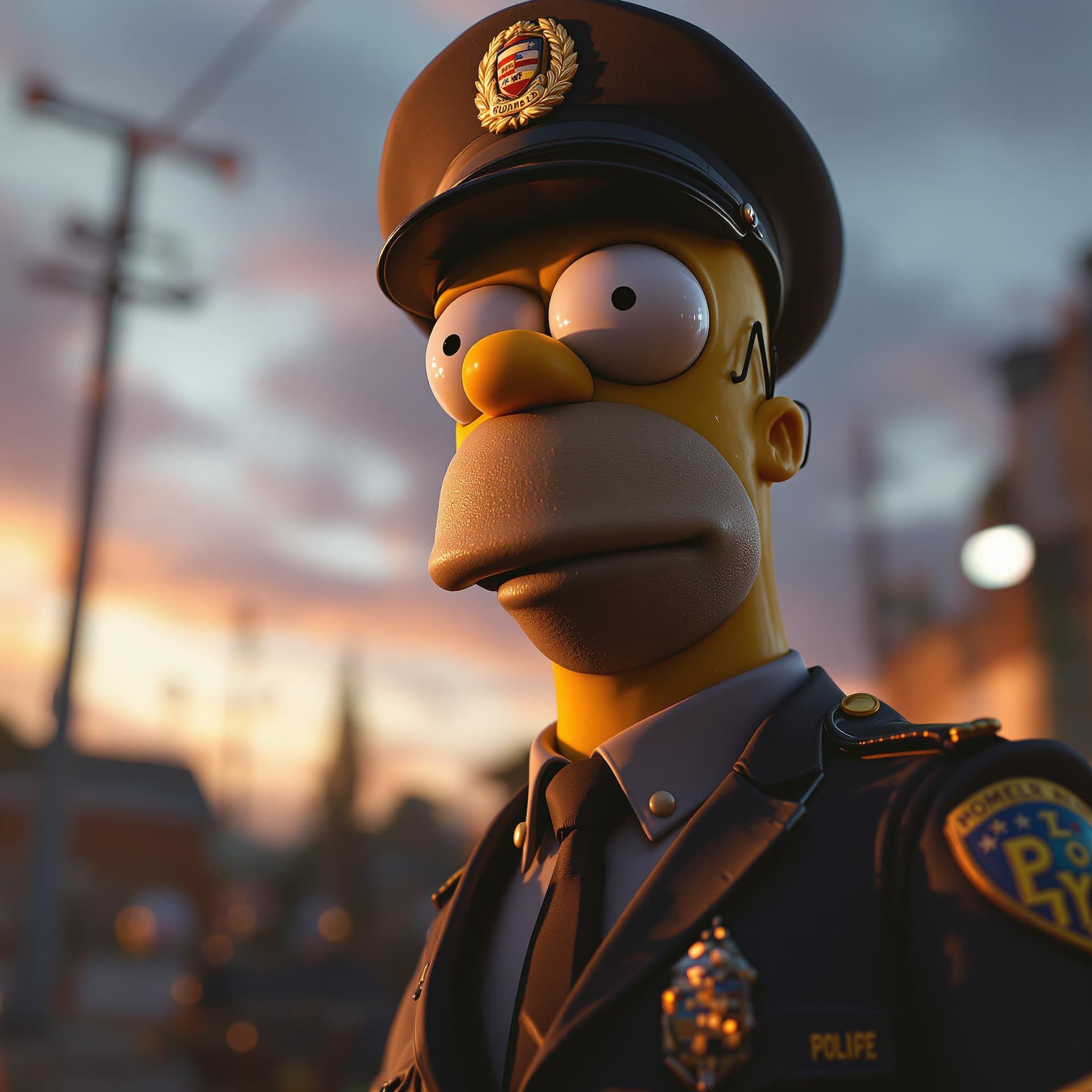AI generated: Photo of a ultra realistic portait of Homer Simpson dressed like a cop, dramatic light, pale sunrise...