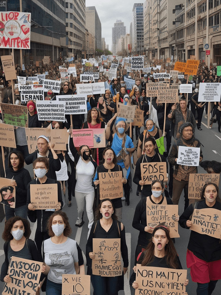 AI generated:  A united group of protesters marching through a city street, their banners and signs raising awaren...