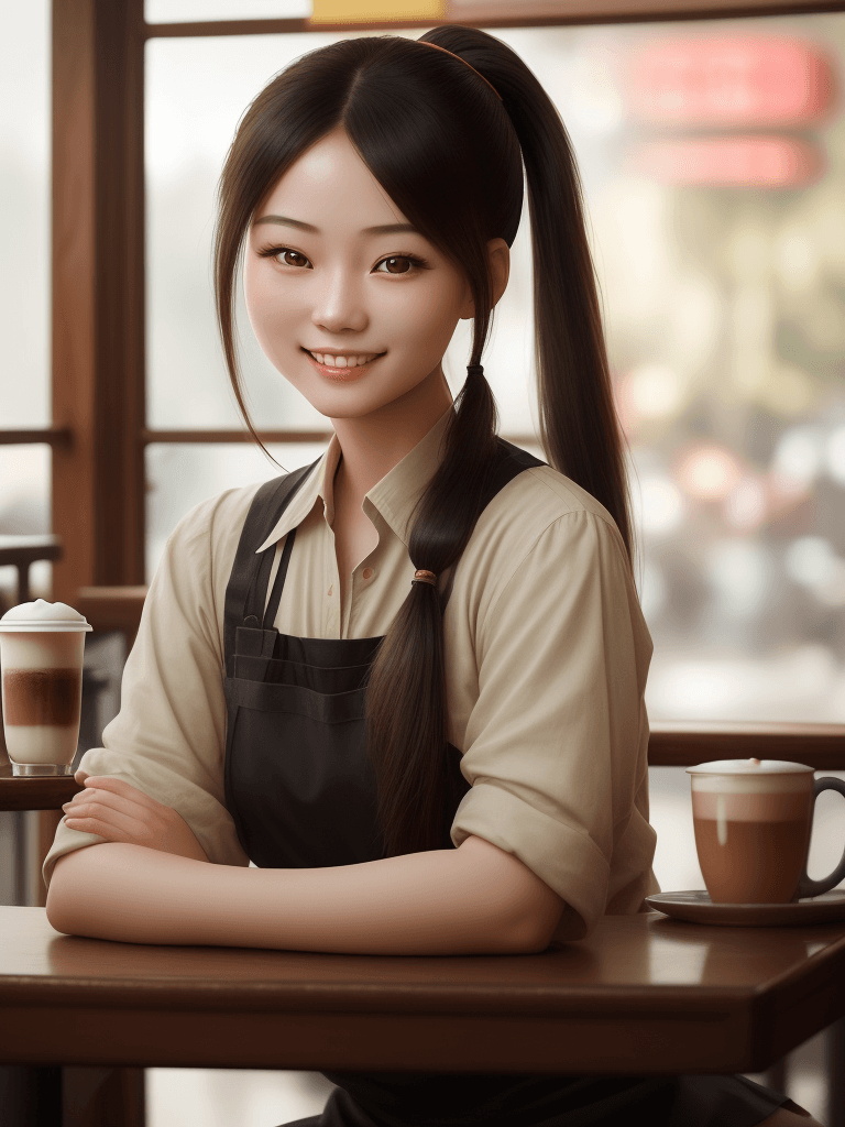 AI generated: A beautiful Chinese girl, cute pony tail, long hair, natural lighting, vintage coffee shop, smile to...