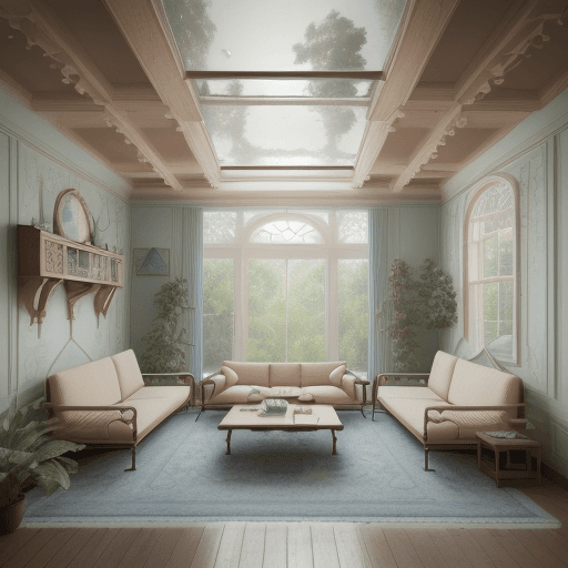 AI generated: High resolution photography interior design, dreamy sunken living room conversation pit, wooden floo...