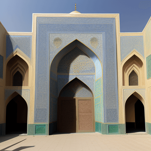 AI generated: A 3floor building in Isfahan, nearby a mosque, end of a small alley, at noon