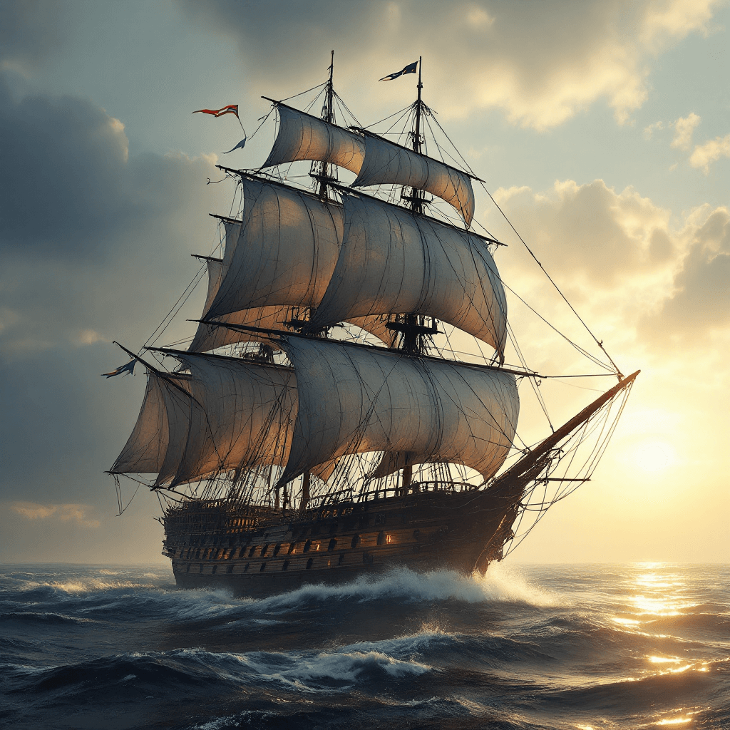 AI generated: photo of a ultra realistic sailing ship, dramatic light, pale sunrise, cinematic lighting, battered,...