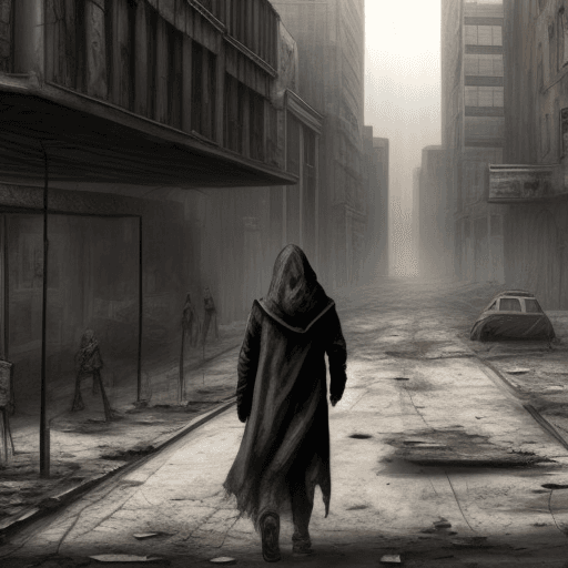 AI generated: Realistic image of Ruined post-apocalyptic city. Hooded person from the back.