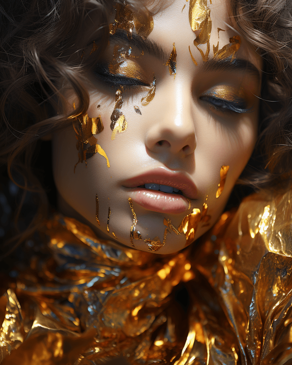 AI generated: a young woman in a golden dress with glitters covering her face, in the style of hyper-realistic oil...