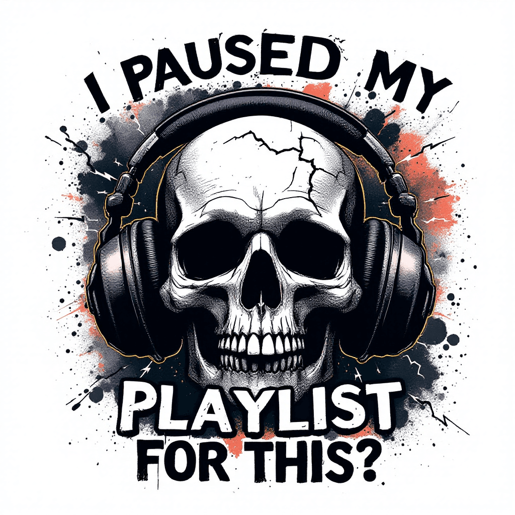 AI generated: A distressed, vintage-style skull wearing headphones, surrounded by lightning bolts and abstract gru...