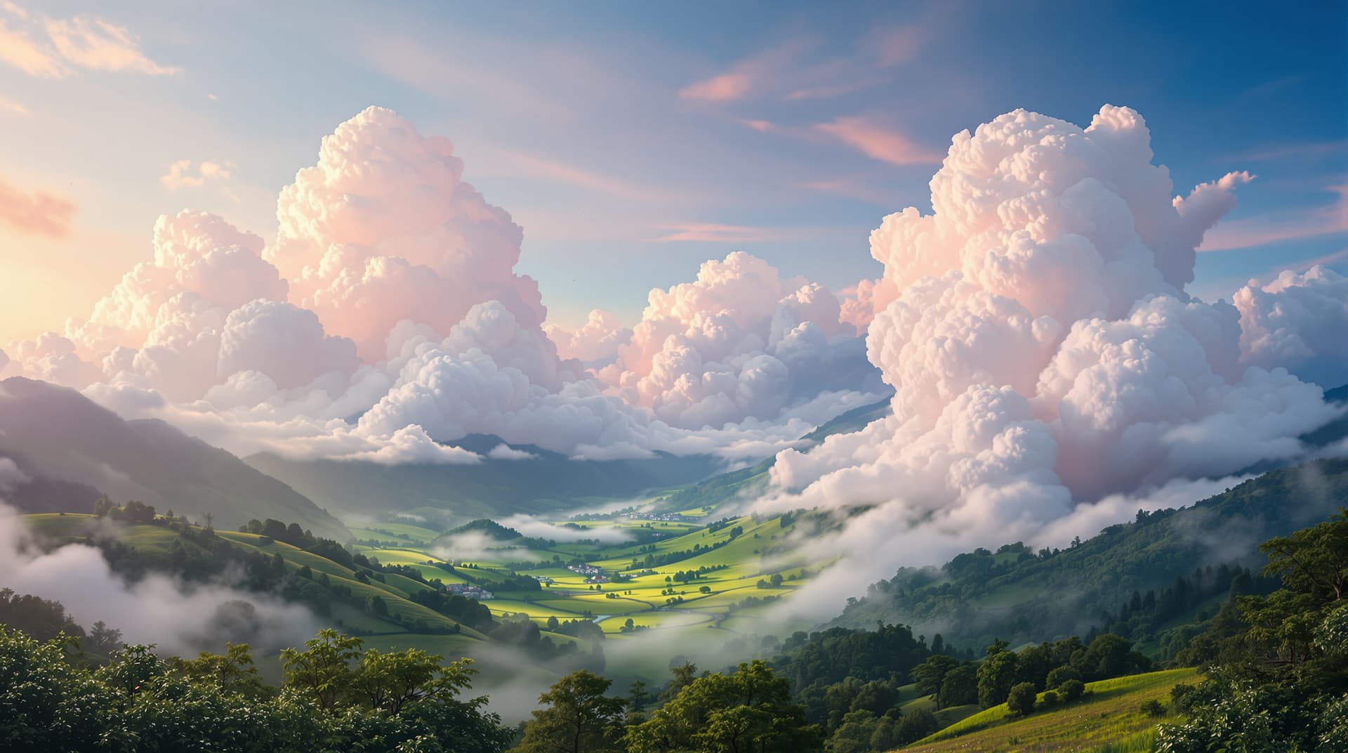 AI generated: A breathtaking surrealism valley landscape, where white clouds graduate into soft hues, greets the v...