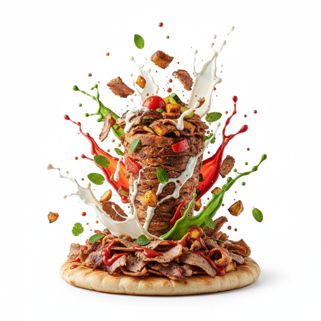AI generated: Commercial photography, massive splash kebab, white lighting, studio light, 8k octane rendering, hig...