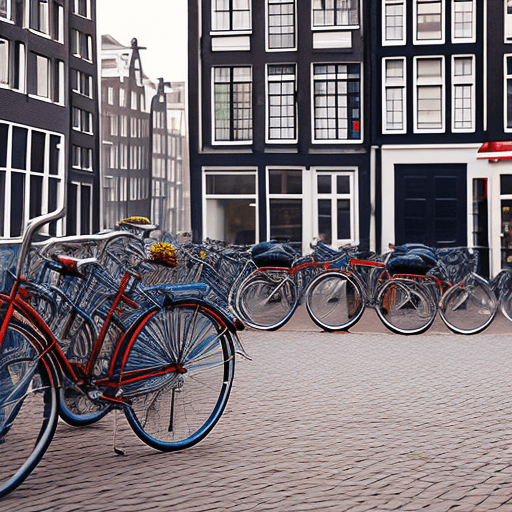 AI generated: Hyper realistic photography of a crowd of bicycles parked in a street of Amsterdam, shot on Hasselbl...