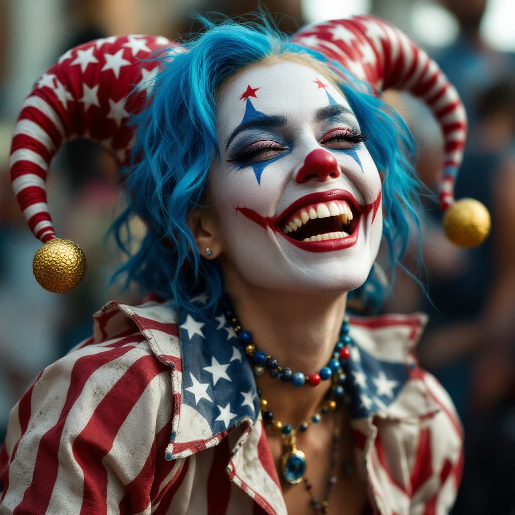 AI generated: A female jester with blue hair, wearing with American flag patterns, laughing heartily while showing...