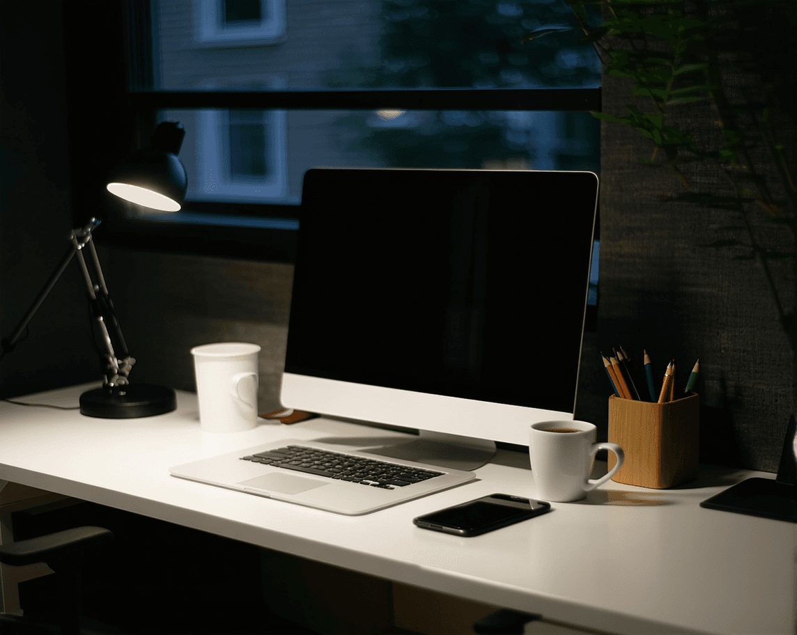 AI generated: A sleek, minimalist office workspace bathed in natural night light, featuring a modern desk setup wi...