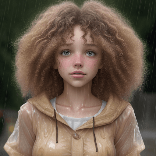 AI generated: wheat-skinned curly-haired girl wet in the rain