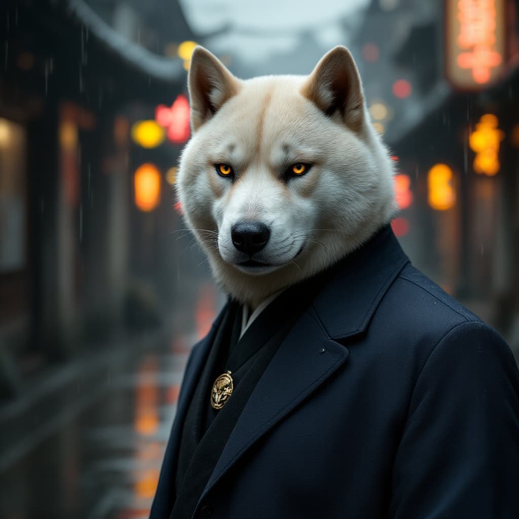 AI generated: A hyper-realistic close-up portrait of a humanoid Jindo dog Yakuza boss. His short, dense cream-colo...