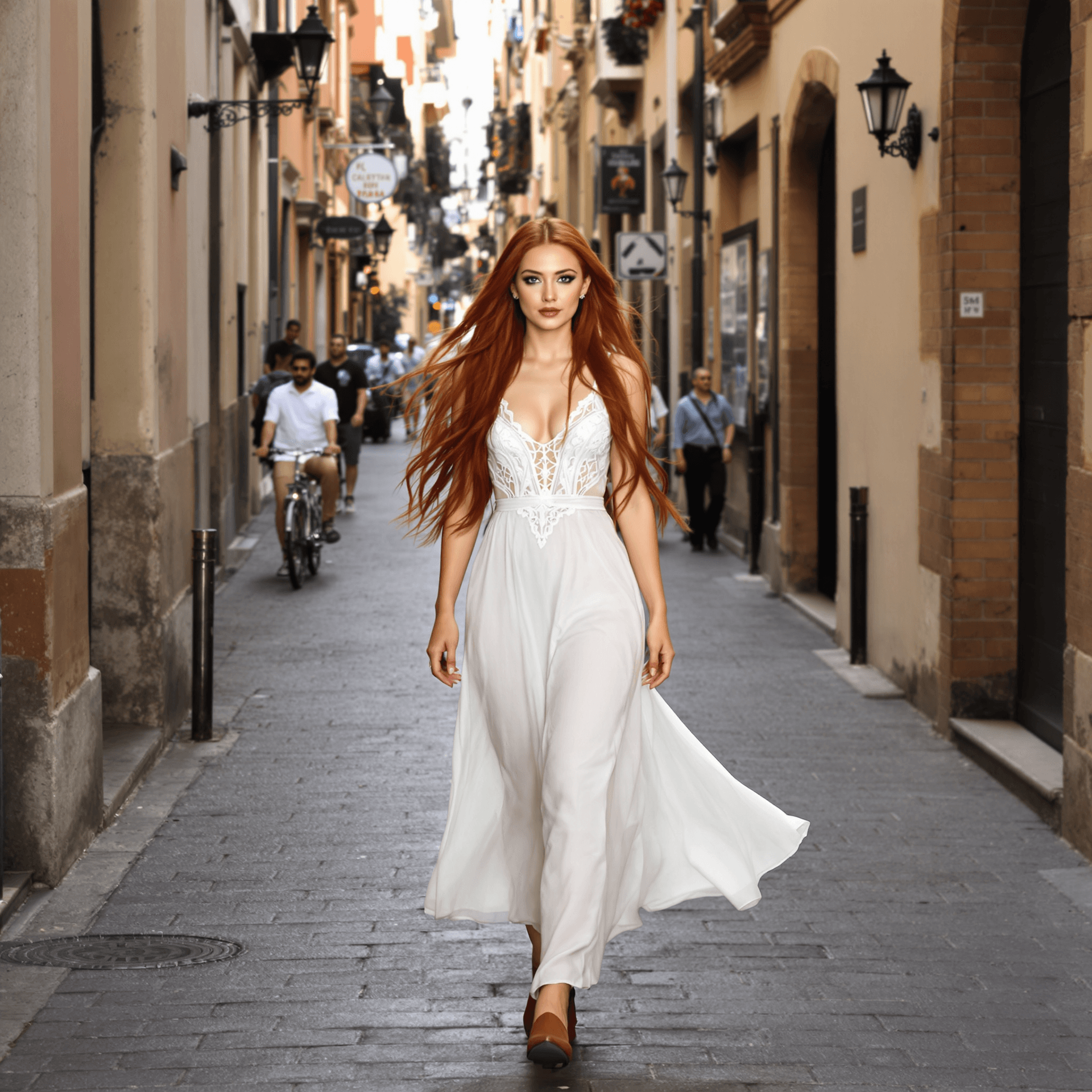 AI generated: a professional photo of an exceptionally beautiful 25 years old girl Walking in Roma, She wears a wh...