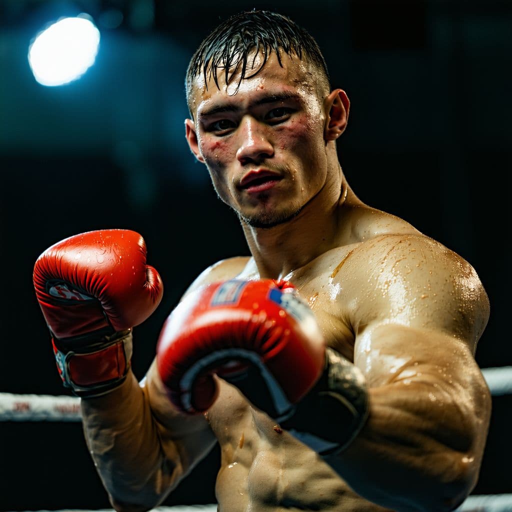AI generated: In the photo, the muscular boxer looks at the camera and flexes his chiseled biceps in the ring, swe...