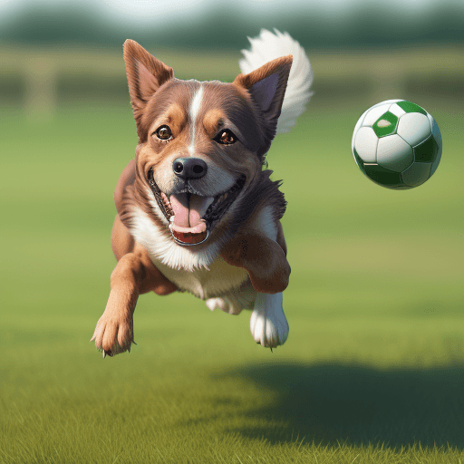 AI generated: Photorealistic Image of a jumping Dog with ball in mouth, in Green Field, Soft Focus, High Resolutio...