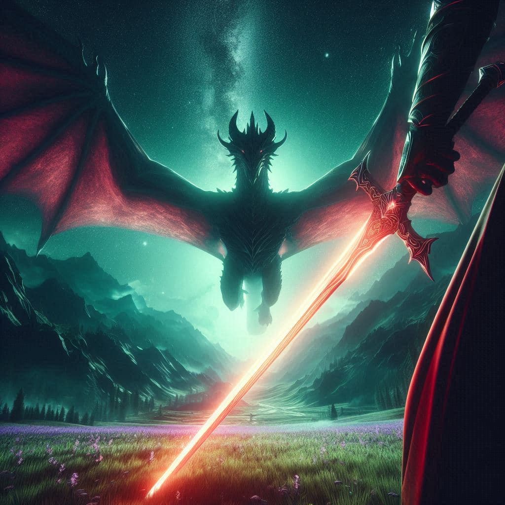 AI generated: lower perspective video game cinematic shot, holding a finely crafted neon(slight red) glowing longs...
